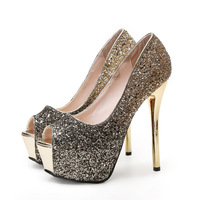 Fashionable sequin gradient color trendy sexy fish mouth stiletto platform high heels  - Thumbnail 5