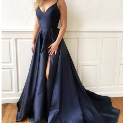 Navy blue prom dresses slit side  double straps - Thumbnail 3