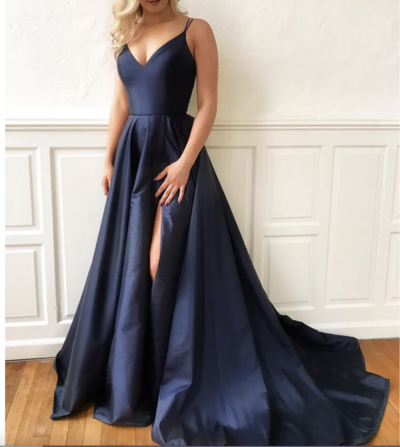 Navy Blue Prom Dresses Slit Side  Double Straps