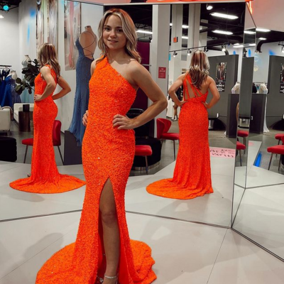 Mermaid sparkly orange sequins long prom dresses with split - Thumbnail 1