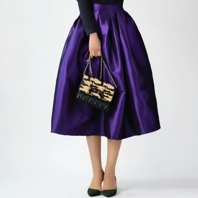 Purple a-line taffeta skirt outfit women custom plus size tea length pleated skirt a-line pleated holiday party skirt with pockets