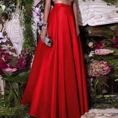 Red satin maxi skirt outfit women custom plus size evening wear elegant flowing party prom maxi skirt