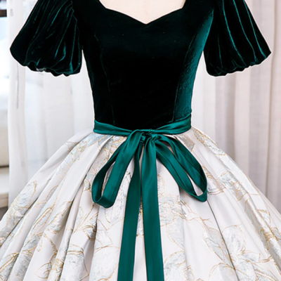 Green velvet floor length printing prom dresses, a line short sleeve evening formal dresses kpp1686