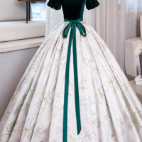 Green Velvet Floor Length Printing Prom Dresses, A Line Short Sleeve Evening Formal Dresses KPP1686 - Thumbnail 1