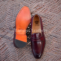 New handmade leather loafers burgundy patina original leather moccasins dress shoes for men - Thumbnail 1