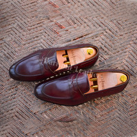 New handmade leather loafers burgundy patina original leather moccasins dress shoes for men - Thumbnail 3
