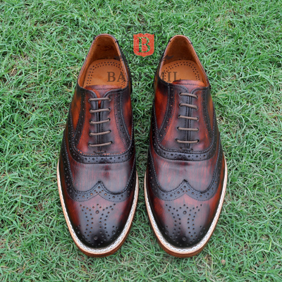 Handmade oxfords premium leather chestnut patina lace up wingtip and brogue shoes for men 