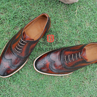 Handmade oxfords premium leather chestnut patina lace up wingtip and brogue shoes for men  - Thumbnail 4