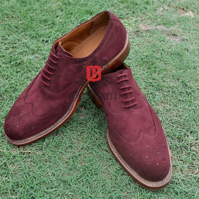 Handmade oxfords red suede premium leather lace up wingtip and brogue shoes for men