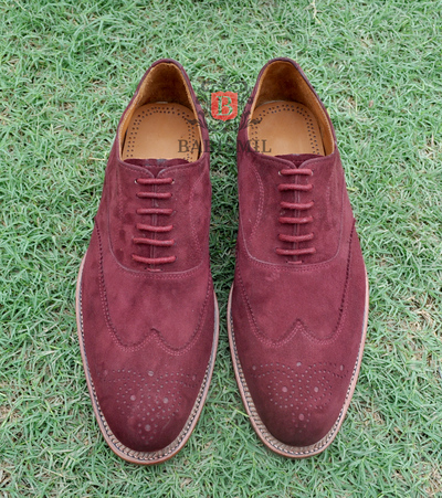 Handmade oxfords red suede premium leather lace up wingtip and brogue shoes for men