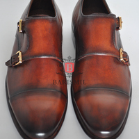 Premium leather double monk shoes handmade brown patina men dress toe cap monk shoes - Thumbnail 2