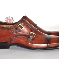 Premium leather double monk shoes handmade brown patina men dress toe cap monk shoes - Thumbnail 1