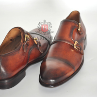 Premium leather double monk shoes handmade brown patina men dress toe cap monk shoes - Thumbnail 3