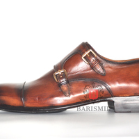 Premium leather double monk shoes handmade brown patina men dress toe cap monk shoes - Thumbnail 4