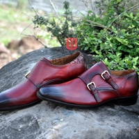 New handmade leather double monk strap shoes burgundy patina monk shoes for men original leather custom made shoes - Thumbnail 1