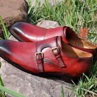 New handmade leather double monk strap shoes burgundy patina monk shoes for men original leather custom made shoes - Thumbnail 2