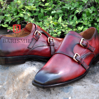 New handmade leather double monk strap shoes burgundy patina monk shoes for men original leather custom made shoes - Thumbnail 3
