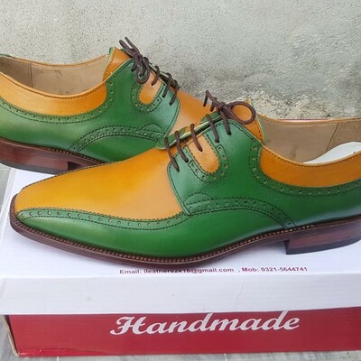 Crafted leather custom made men unique yellow green leather contrast oxford dress shoes - Thumbnail 2