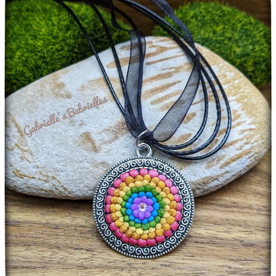 Rainbow mandala pendant necklace polymer clay pride jewelry  - Thumbnail 3
