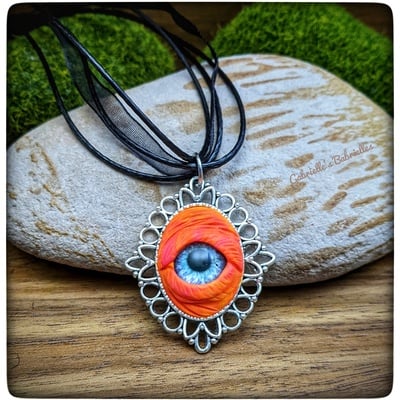 Eye necklace pendant orange blue realistic polymer clay sculpture jewelry 