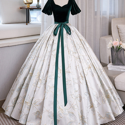 Green velvet floor-length printing prom dresses - Thumbnail 1