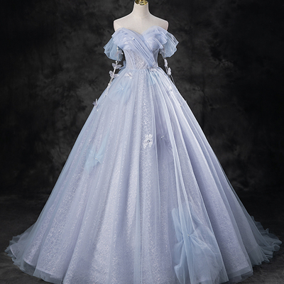 Blue tulle long a-line prom dress party dress - Thumbnail 1