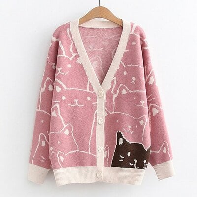 College wind cartoon kitter titani knit sweater, sweater sweater coat - Thumbnail 1