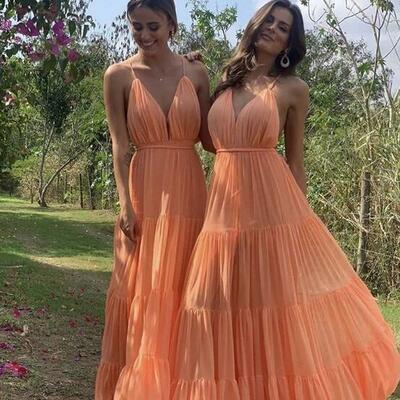 A line orange v neck chiffon prom dresses - Thumbnail 4
