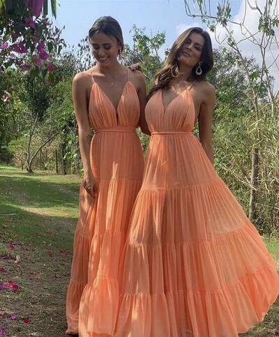 A Line Orange V Neck Chiffon Prom Dresses
