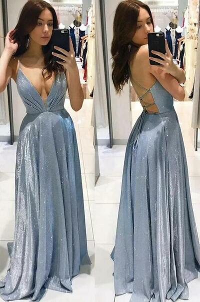 A Line Blue V Neck Long Prom Dress