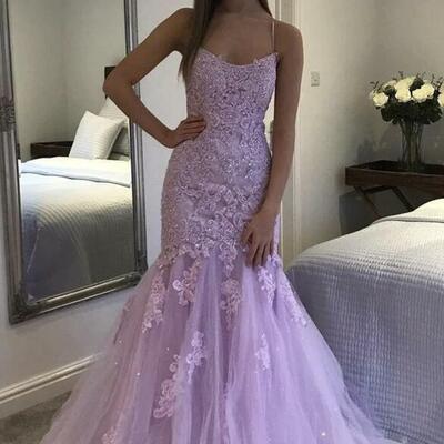 Beauty a line purple tulle prom dress with lace - Thumbnail 5