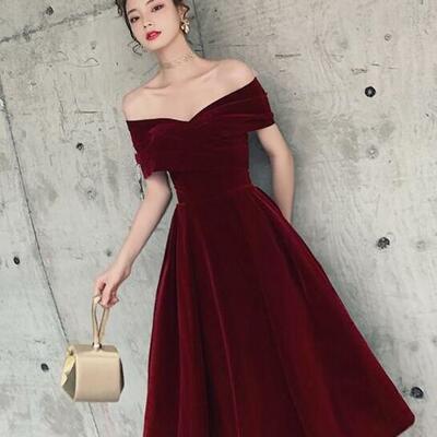 Off shoulder tea length wine red velvet evening party dresses  - Thumbnail 3