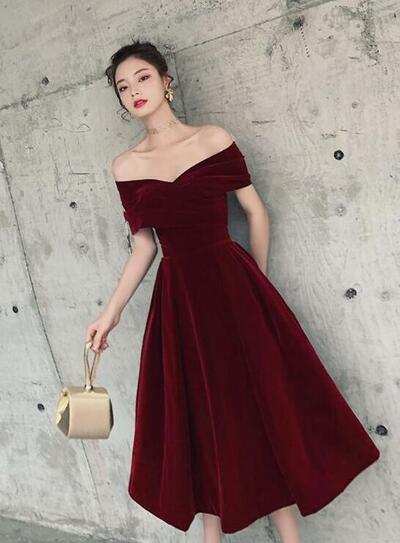 Off Shoulder Tea Length Wine Red Velvet Evening Party Dresses 