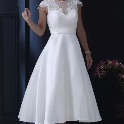 Tea length vintage short wedding dresses with cap sleeves lace satin skirt jewel a-line 1950s 60s vintage informal bridal gowns sleeved - Thumbnail 4