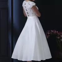Tea Length Vintage Short Wedding Dresses With Cap Sleeves Lace Satin Skirt Jewel A-line 1950s 60s Vintage Informal Bridal Gowns Sleeved - Thumbnail 1