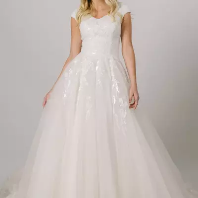 Modest wedding dresses with cap sleeves v neck buttons zipper back sequined lace tulle lds bridal gowns country religious