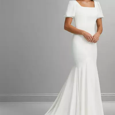 New crepe mermaid modest wedding dresses with short sleeves buttons back simple elegant modest wedding gowns square neckline - Thumbnail 2