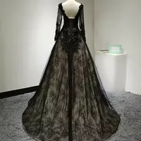 Black Lace Nude Lining A-line Vintage Gothic Wedding Dress With Long Sleeves Scoop Neck A-line Non White Bridal Gowns Discounted - Thumbnail 1