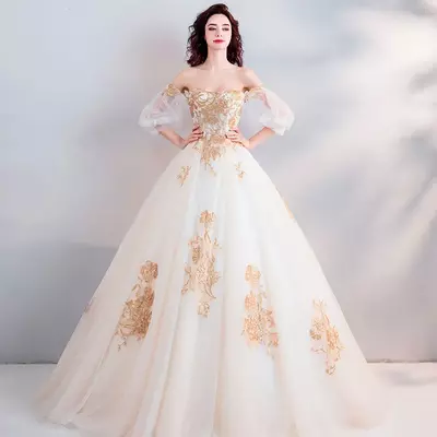 Gold lace ball gown wedding dress short sleeves off the shoulder dubai arabic women princess non white bridal gowns - Thumbnail 3