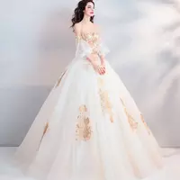 Gold Lace Ball Gown Wedding Dress Short Sleeves off the Shoulder Dubai Arabic Women Princess Non White Bridal Gowns - Thumbnail 3