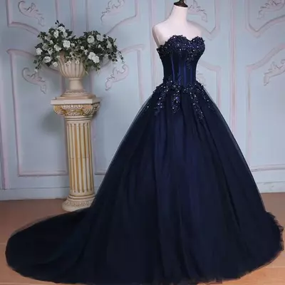 Navy blue ball gown long colorful wedding dresses sweetheart beaded lace appliques corset non white bridal gowns