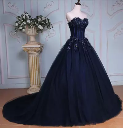 Navy Blue Ball Gown Long Colorful Wedding Dresses Sweetheart Beaded Lace Appliques Corset Non White Bridal Gowns