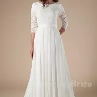 New Lace Chiffon Long Modest Wedding Dresses With Lace Sleeves Informal Reception lDS Bridal Gowns Custom Made Boho Bridal Gowns - Thumbnail 1