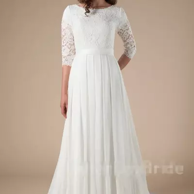 New lace chiffon long modest wedding dresses with lace sleeves informal reception lds bridal gowns custom made boho bridal gowns - Thumbnail 3
