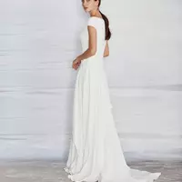 Simple A-line Crepe Wedding Dress Modest With Cap Sleeves High Neck Sweep Train Women Informal Boho Beach Bridal Gowns Bride Robe  - Thumbnail 1