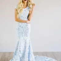 Blue Mermaid Lace Modest Wedding Dresses With Cap Sleeves Jewel Neck Corset Back Country Colorful Bridal Gowns Custom Made - Thumbnail 1