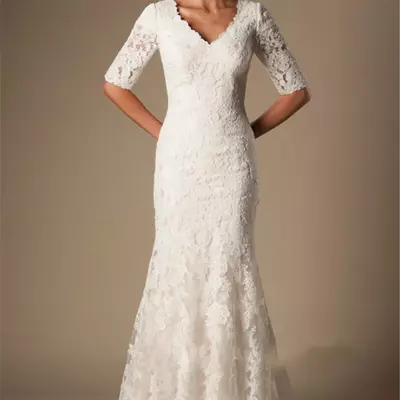 Ivory vintage lace mermaid modest wedding dresses with half sleeves v neck elbow sleeves length temple wedding gowns vestido de noiva