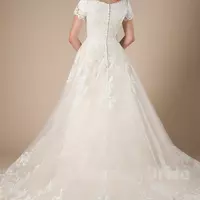 Copy of Ivory Lace Tulle Ball Gown Modest Wedding Dresses Cap Sleeves Short Sleeves Princess Bridal Gowns Beaded Belt Bridal Gowns Button Back - Thumbnail 1
