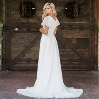 A Line Chiffon Boho Modest Wedding Dresses With Flutter Sleeves V neck Buttons Back Informal Beach Bridal Gowns Bohemian - Thumbnail 1
