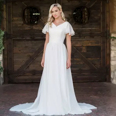A line chiffon boho modest wedding dresses with flutter sleeves v neck buttons back informal beach bridal gowns bohemian